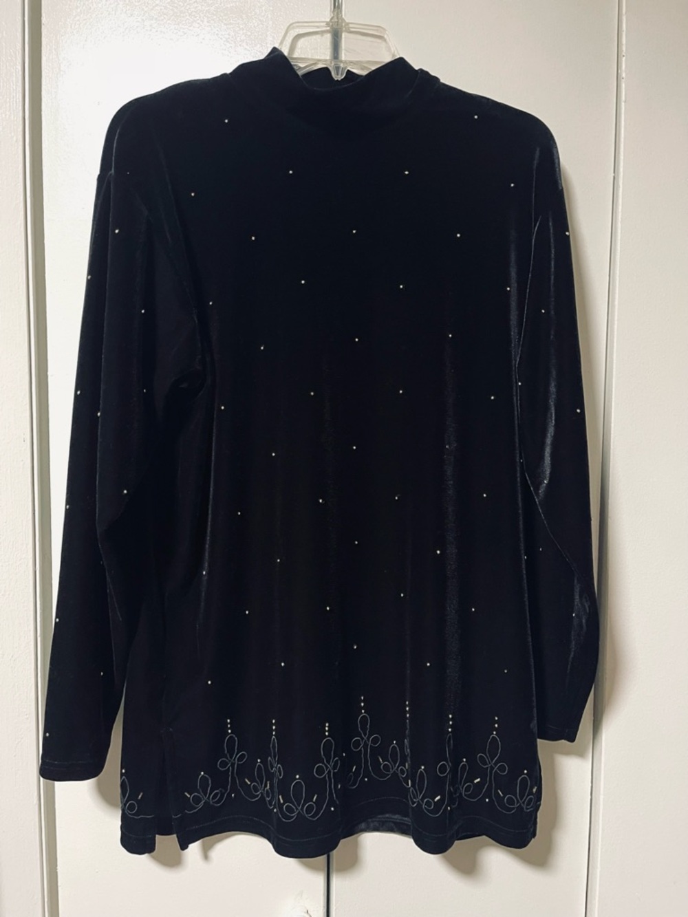 Vintage Bechamel Black Velvet Long Sleeve Top with Embellished Hemline